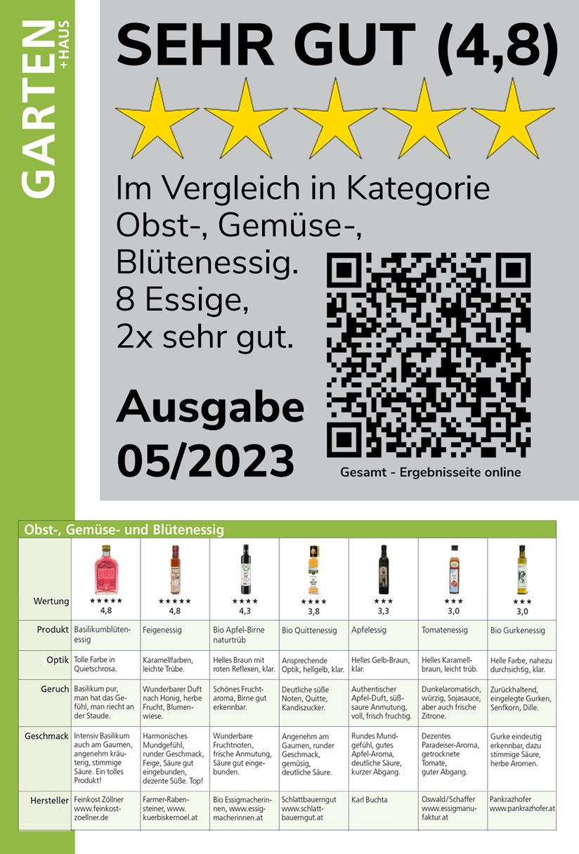 Testsieger bei Verkostung der Zeitschrift Haus + Garten Ausgabe Mai 2023